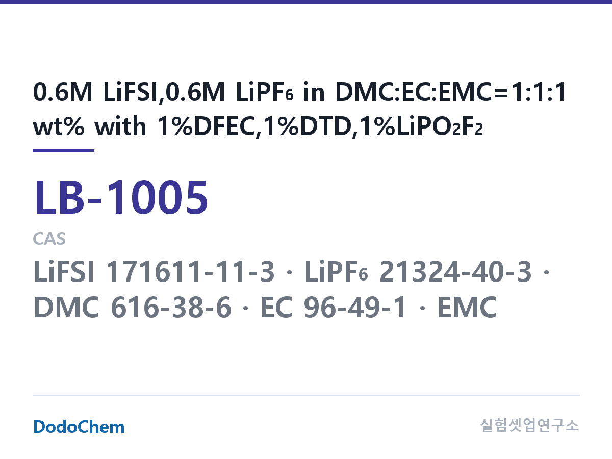 리튬이온 전해액 LB-1005 조성 0.6M LiFSI,0.6M LiPF6 in DMC:EC:EMC=1:1:1 wt% with 1%DFEC,1%DTD,1%LiPO2F2 (DodoChem LB-1005)