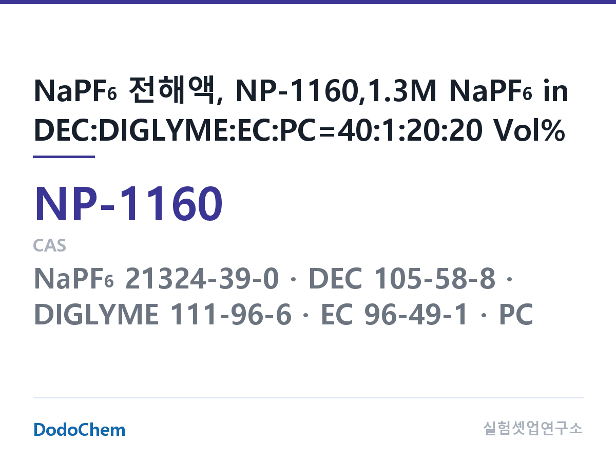 나트륨이온 전해액(NaPF6) NP-1160 조성 NaPF6 전해액, NP-1160,1.3M NaPF6 in DEC:DIGLYME:EC:PC=40:1:20:20 Vol% (DodoChem NP-1160)